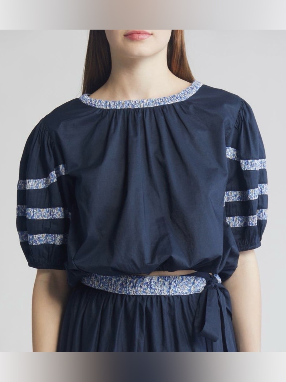 Navy Liberty Print Puff-Sleeve Blouse with Floral-Trim Accents 100% Cotton